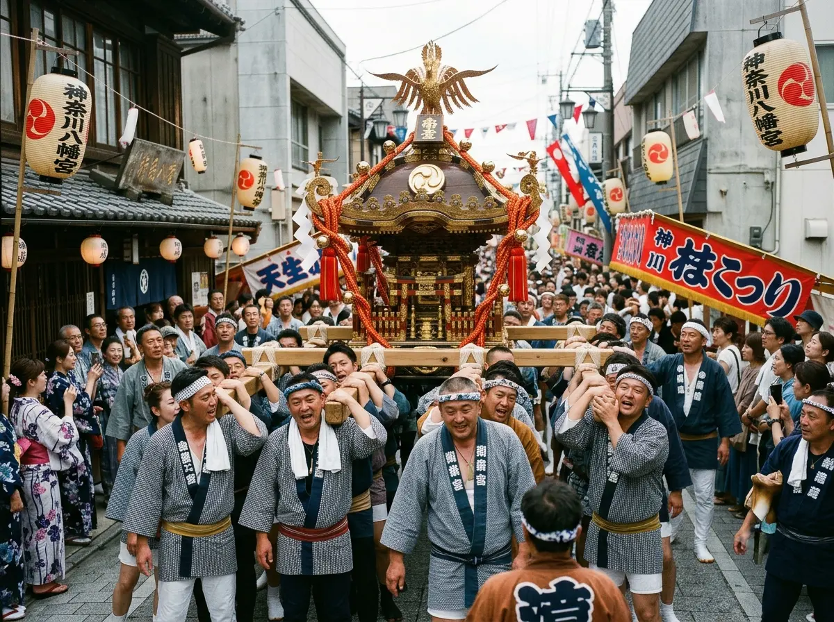 Mikoshi carried through the streets during a Japanese festival