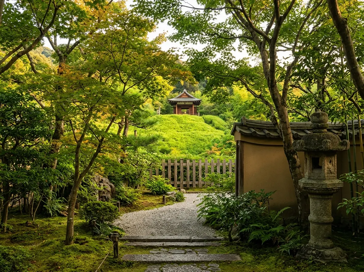A little green hill framed by trees from a traditional Japanese garden.