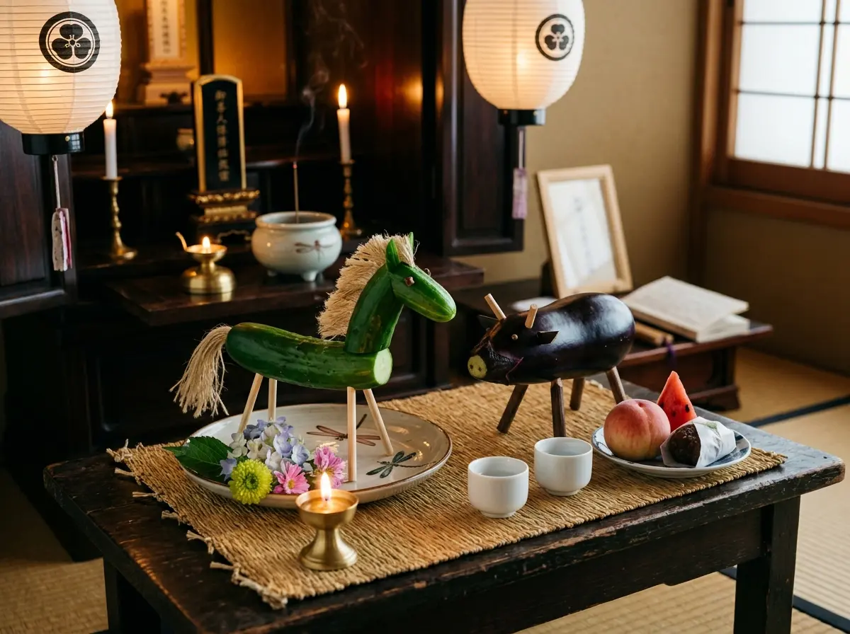 Shōryō uma cucumber horse and eggplant ox figures for Obon