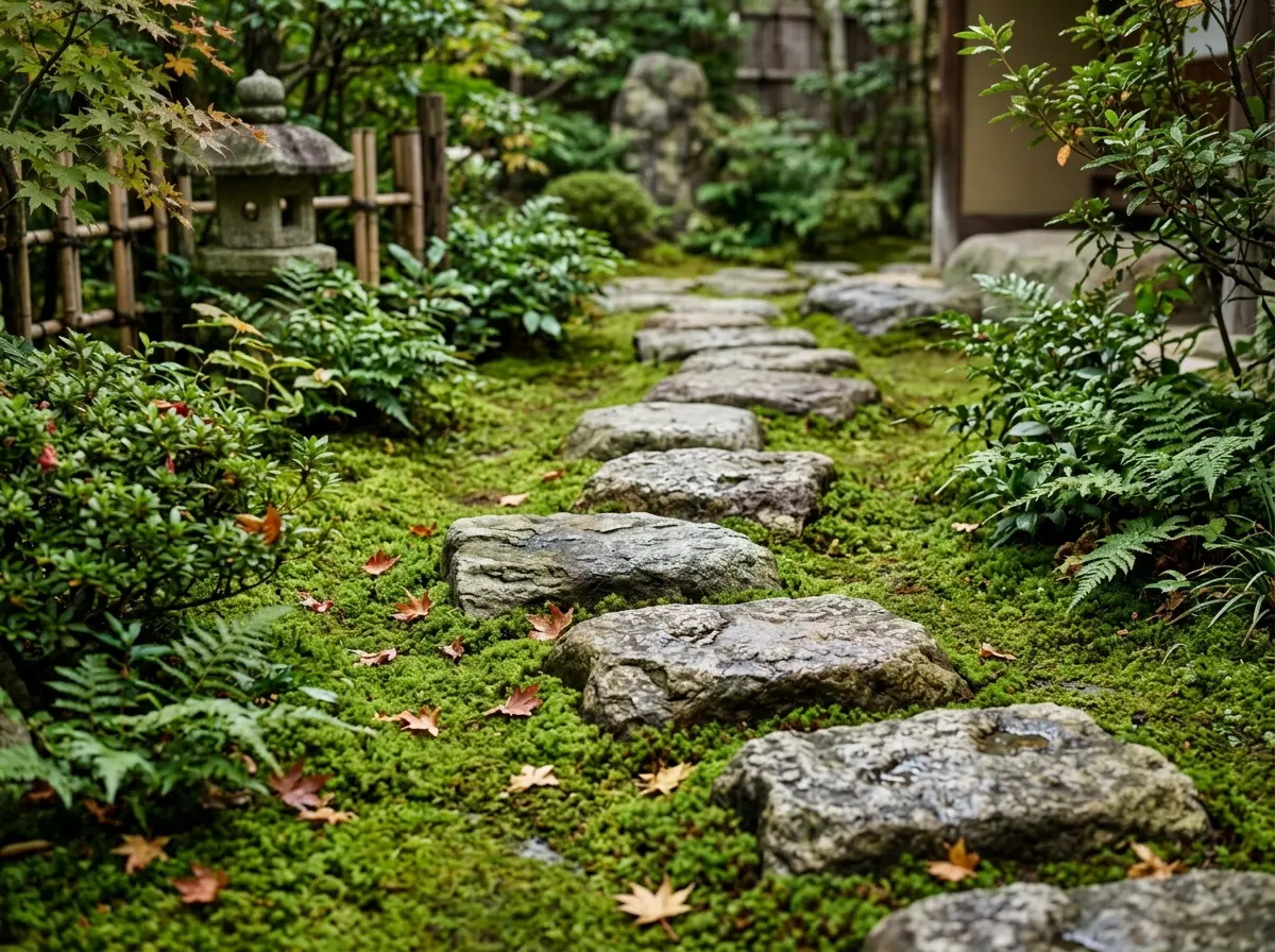 Traditional Japanese stepping stones in a tea garden