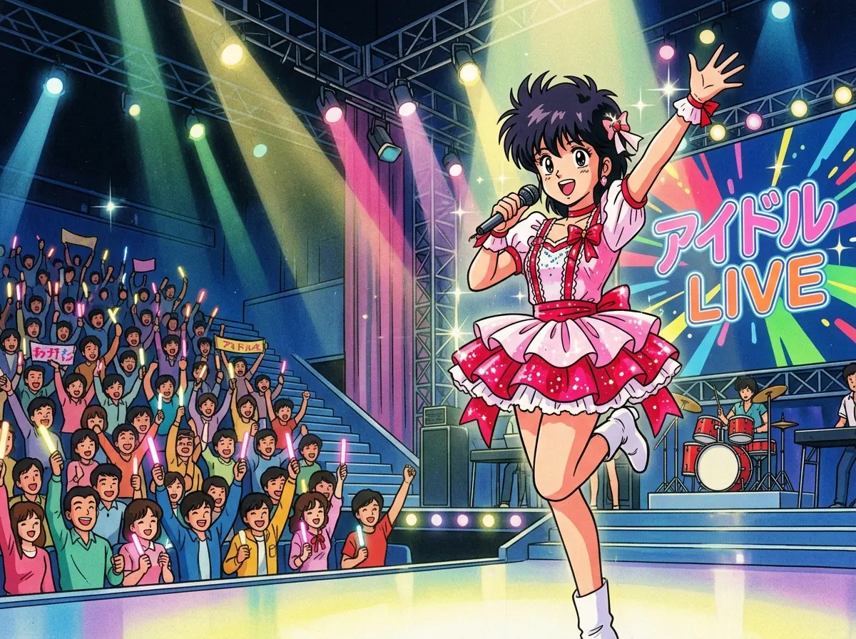 1980s Japanese anime idol performing on stage