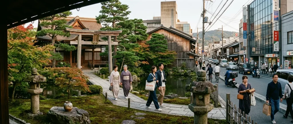 Contemporary Japanese scene combining urban life, traditional architecture and nature