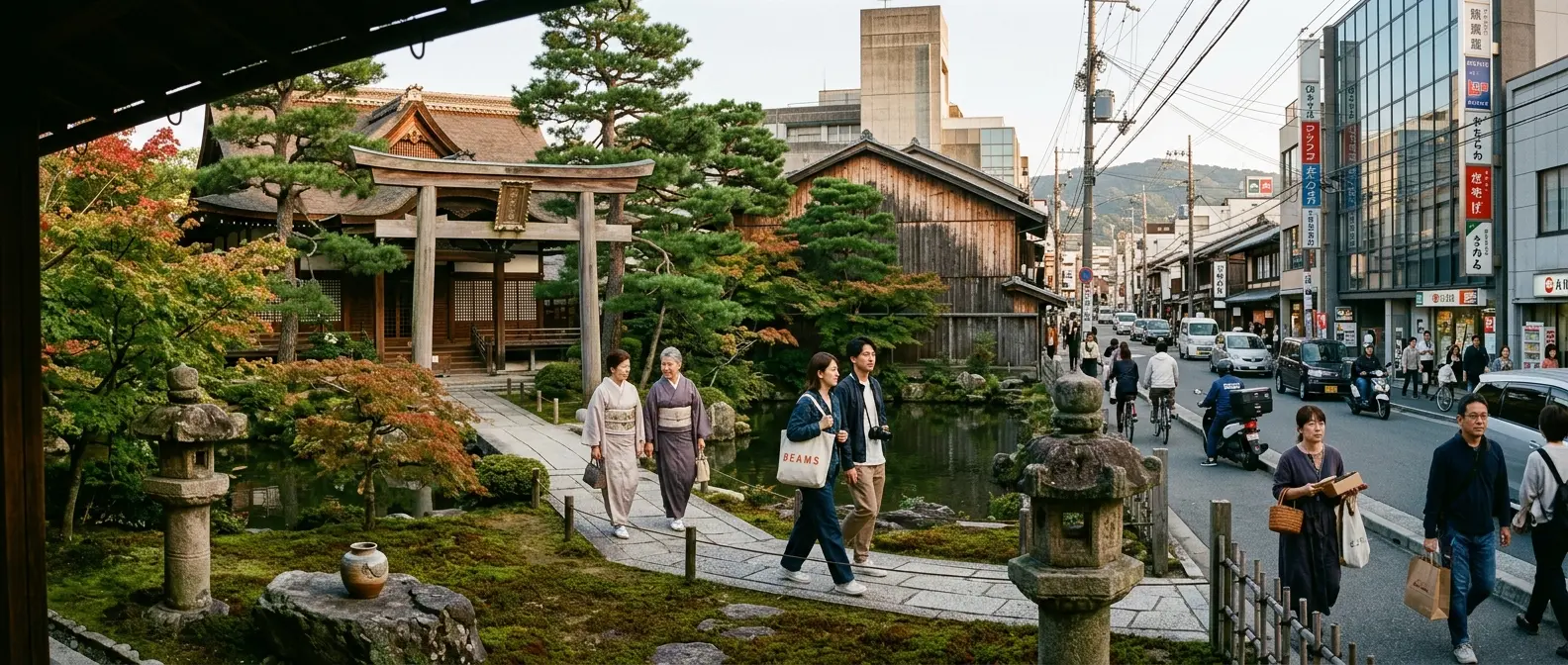 Contemporary Japanese scene combining urban life, traditional architecture and nature