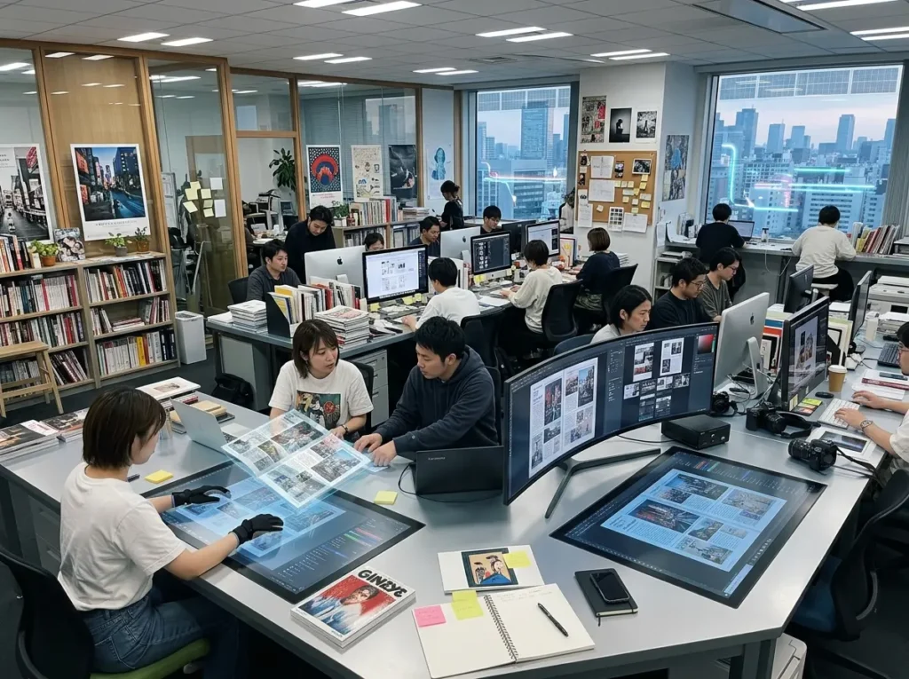 Modern Japanese editorial office with technology and printed materials