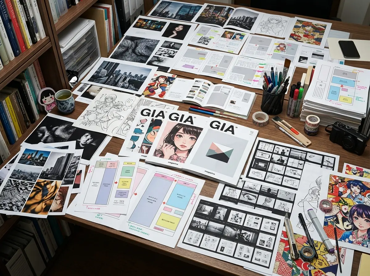 Japanese art director’s desk with magazine layouts and photographs