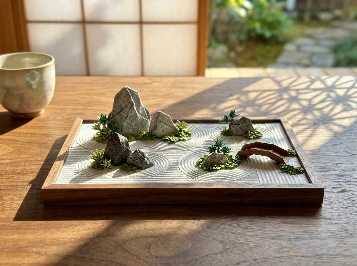Origami Japanese karesansui garden on a wooden table