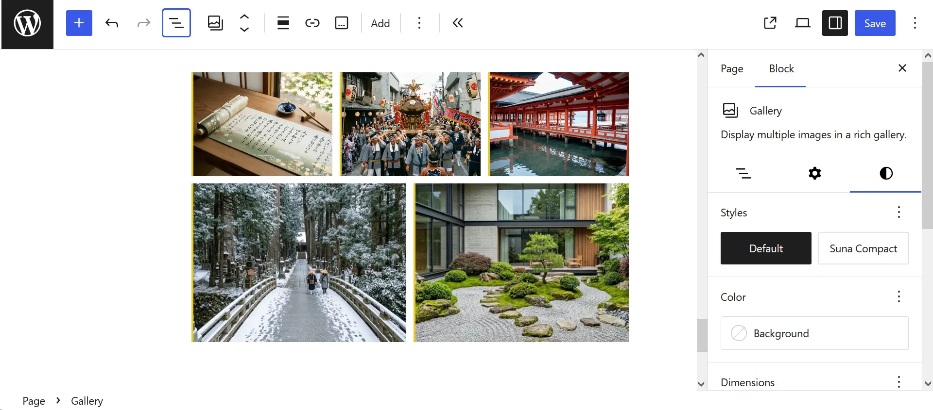 WordPress Gallery block with its default style and teh Images Blocks SUna Border styles selected