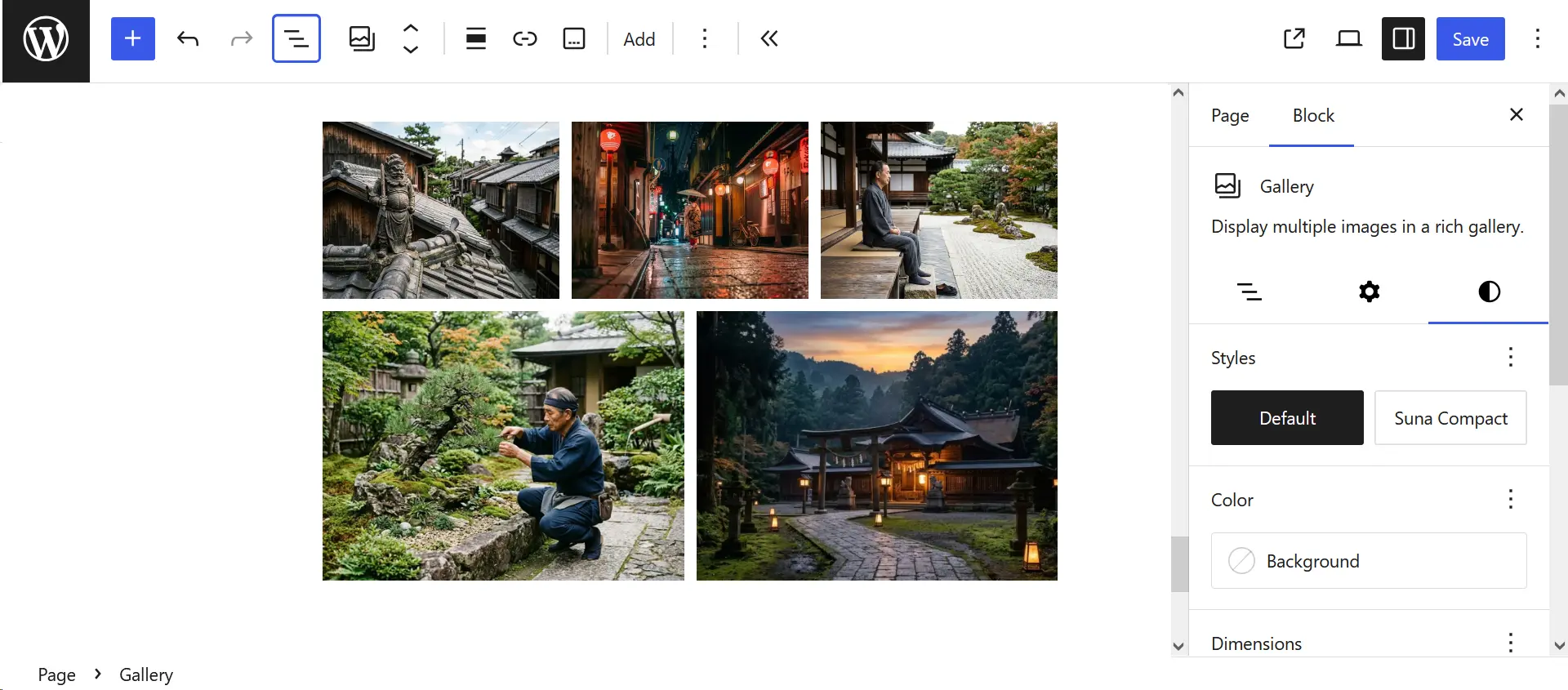 WordPress Gallery block with its default style selected