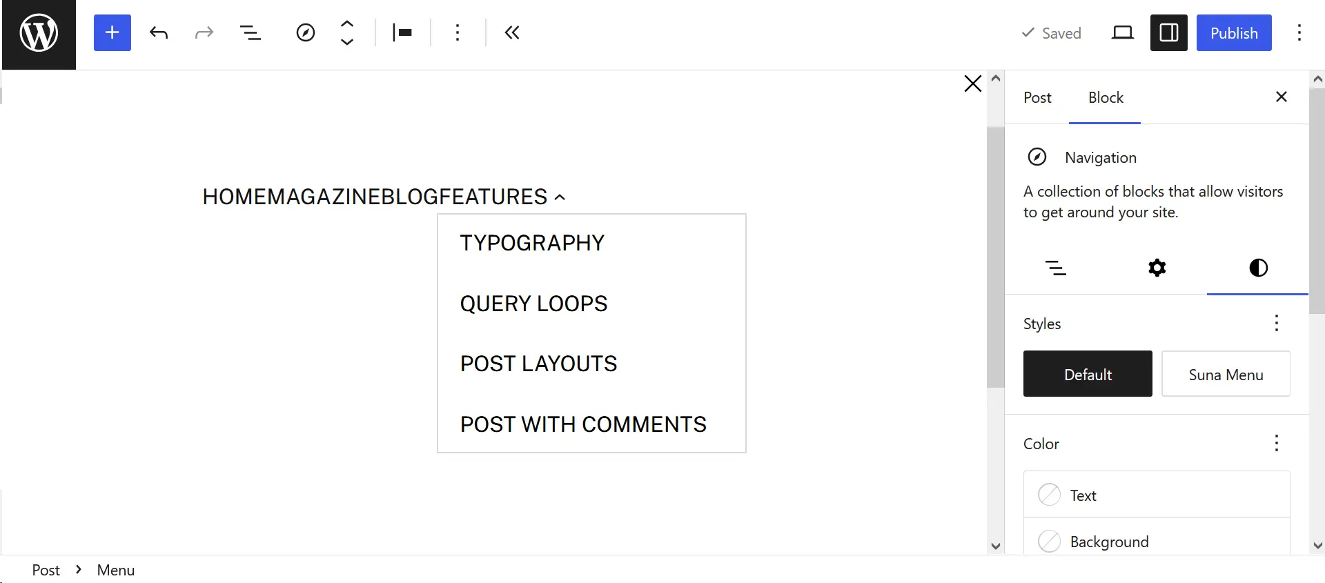 WordPress Navigation block with the default style selected