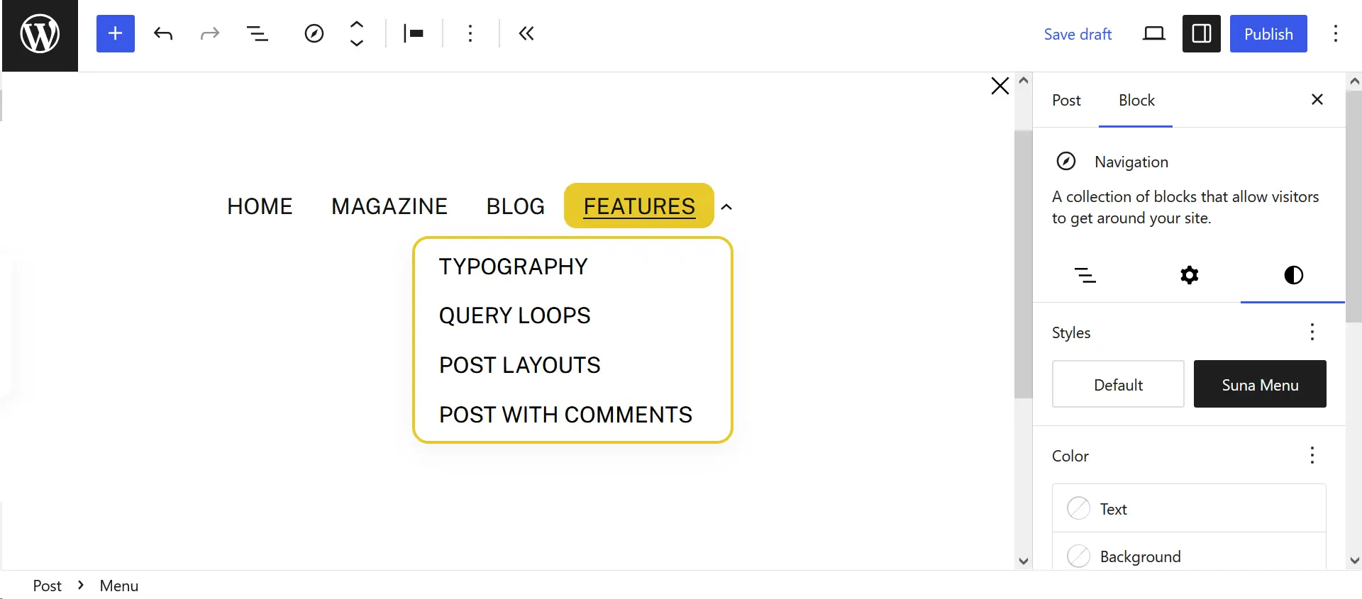 WordPress Navigation block with the Suna Menu style selected