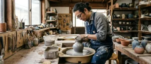 Contemporary Japanese ceramic artist shaping clay on a pottery wheel