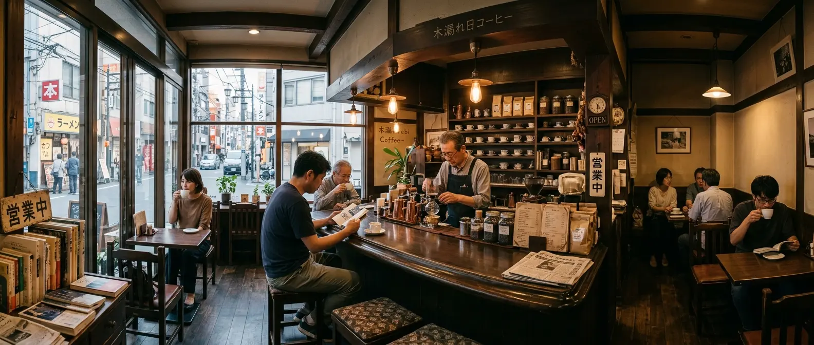 Traditional Japanese kissaten café in an urban neighbourhood