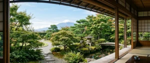 A Japanese garden framing a distant mountain as part of its landscape through the principle of shakkei.