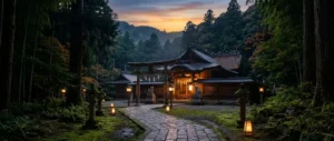Japanese Shinto shrine glowing at sunset in a forest landscape