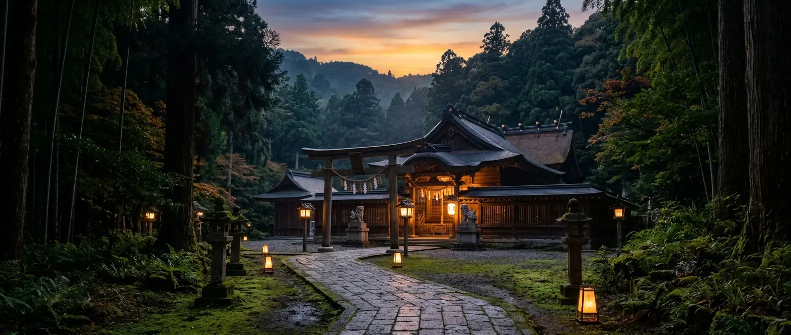 Japanese Shinto shrine glowing at sunset in a forest landscape
