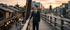 Japanese businessman standing on a bridge between a modern city district and a traditional Kyoto street at sunset.
