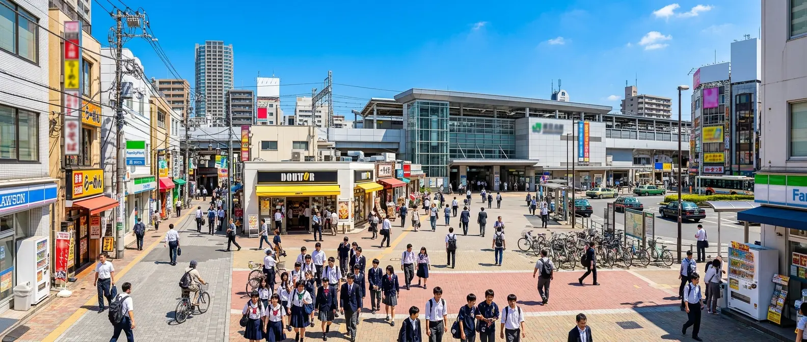 People walking through the lively area in front of a Japanese railway station surrounded by cafés and local shops.