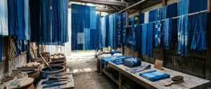 Traditional Japanese indigo dyed fabrics hanging in a textile workshop with handcrafted tools.