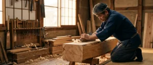 Japanese master carpenter shaping hinoki wood with a traditional hand plane