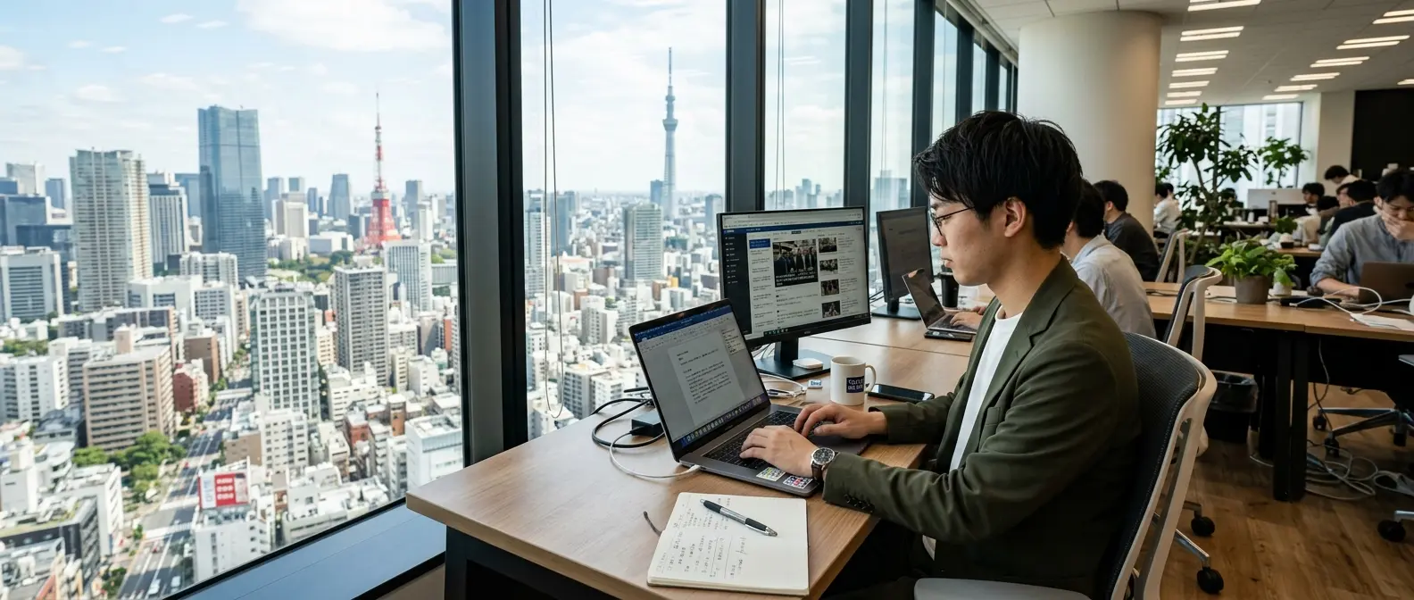 Journalist working at a computer with Tokyo skyline in the background