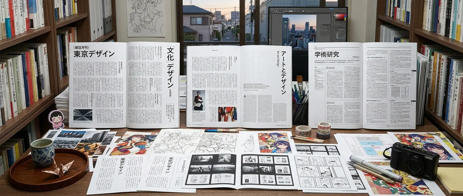Traditional Japanese desk with magazine layouts and design sketches
