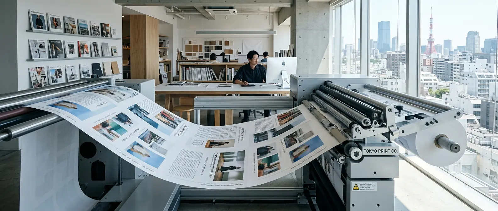 Modern Japanese printing press running a magazine continuous roll in a sunlit Tokyo design studio.