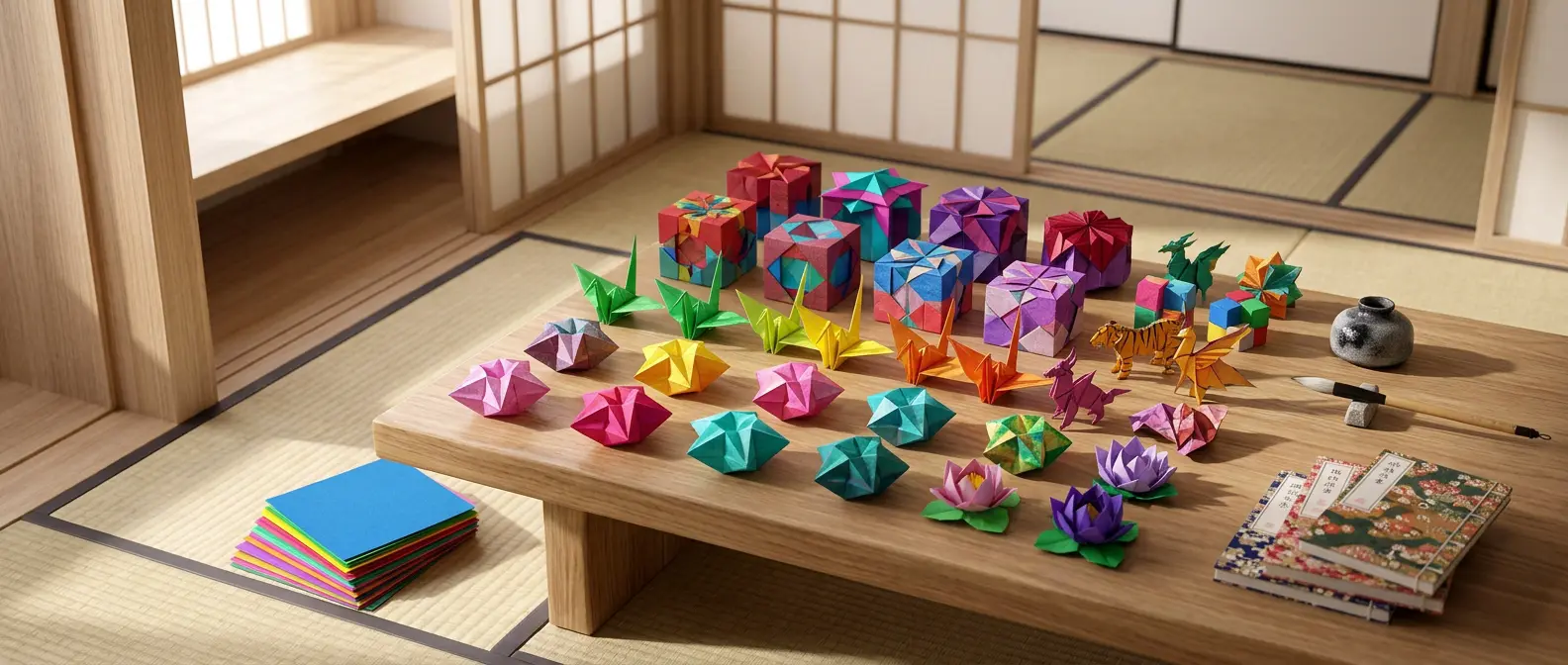 Colorful origami shapes arranged on a wooden table in a Japanese room