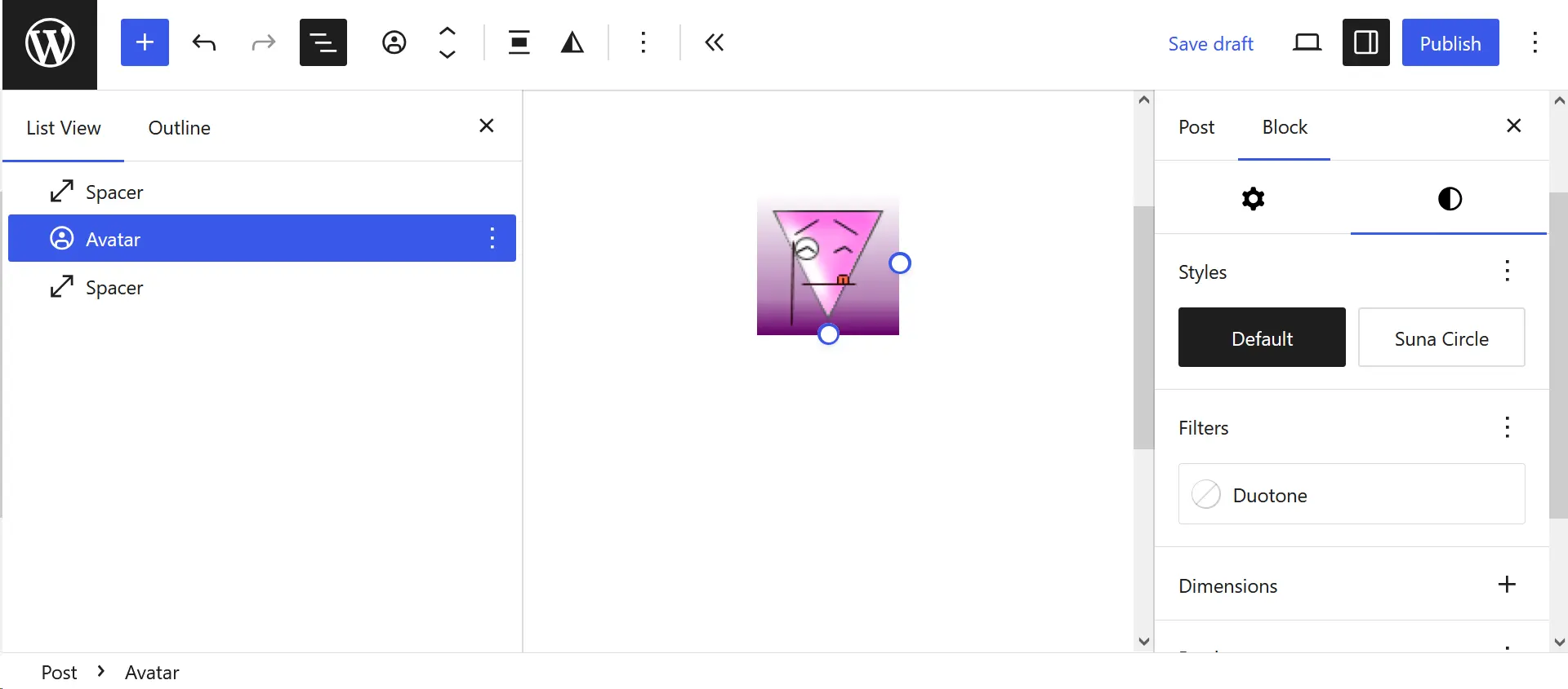 WordPress Avatar block with the default style selected