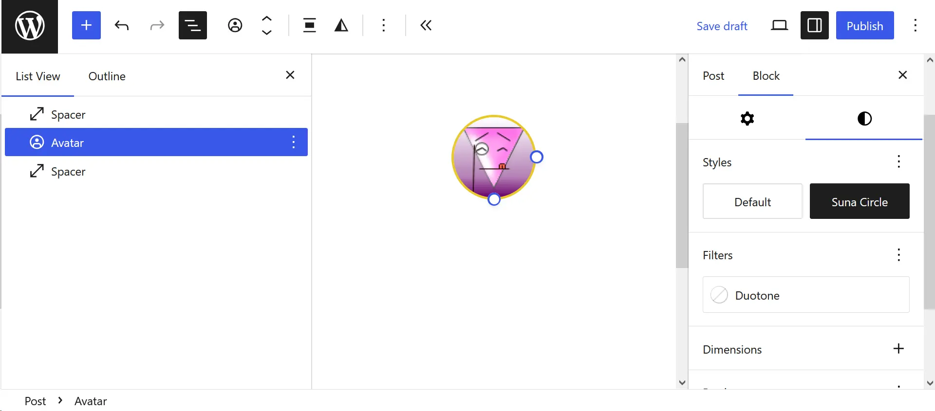 WordPress Avatar block with the Suna style selected