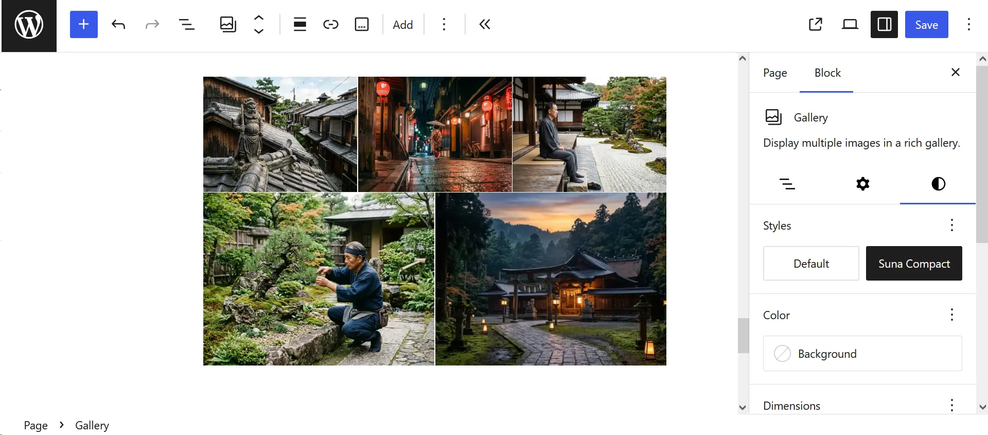 WordPress Gallery block with the Suna Compact style selected