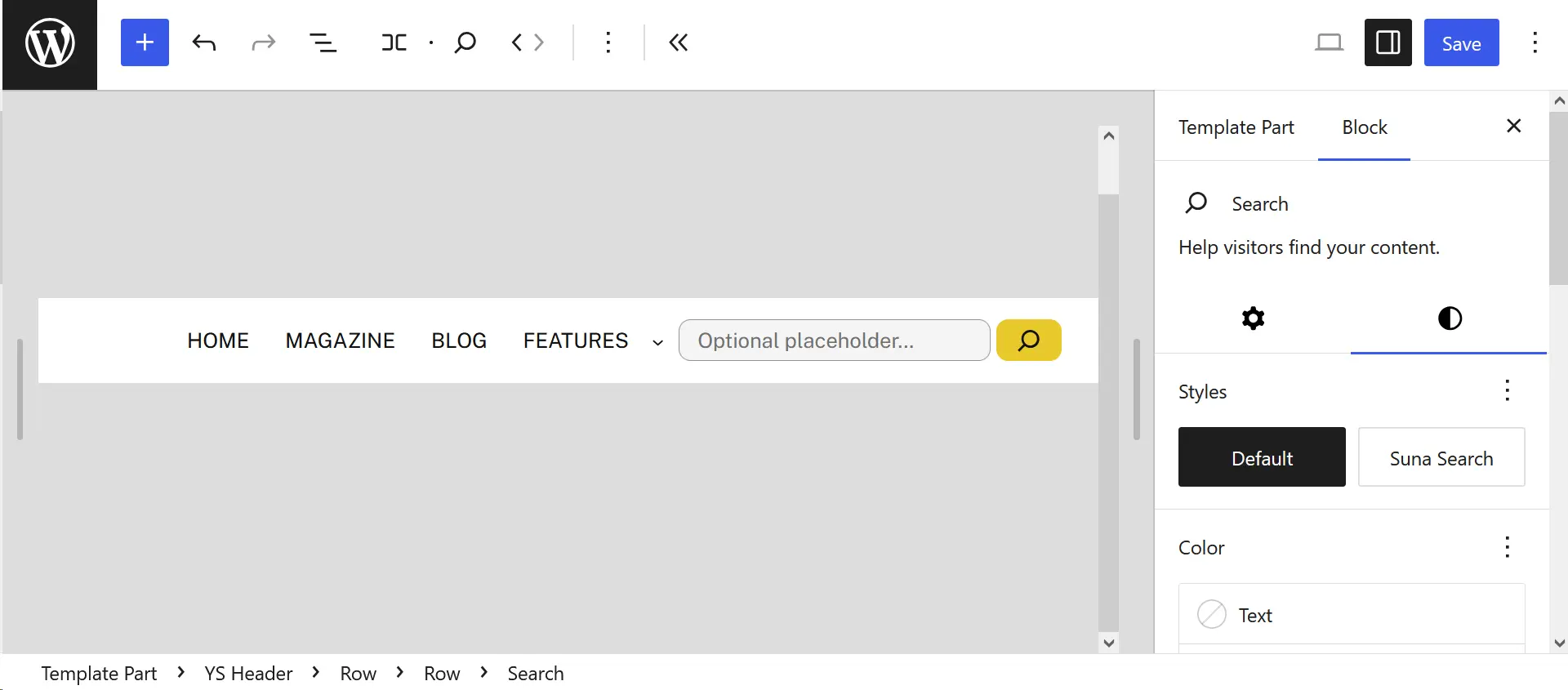 WordPress Search block with the default style selected