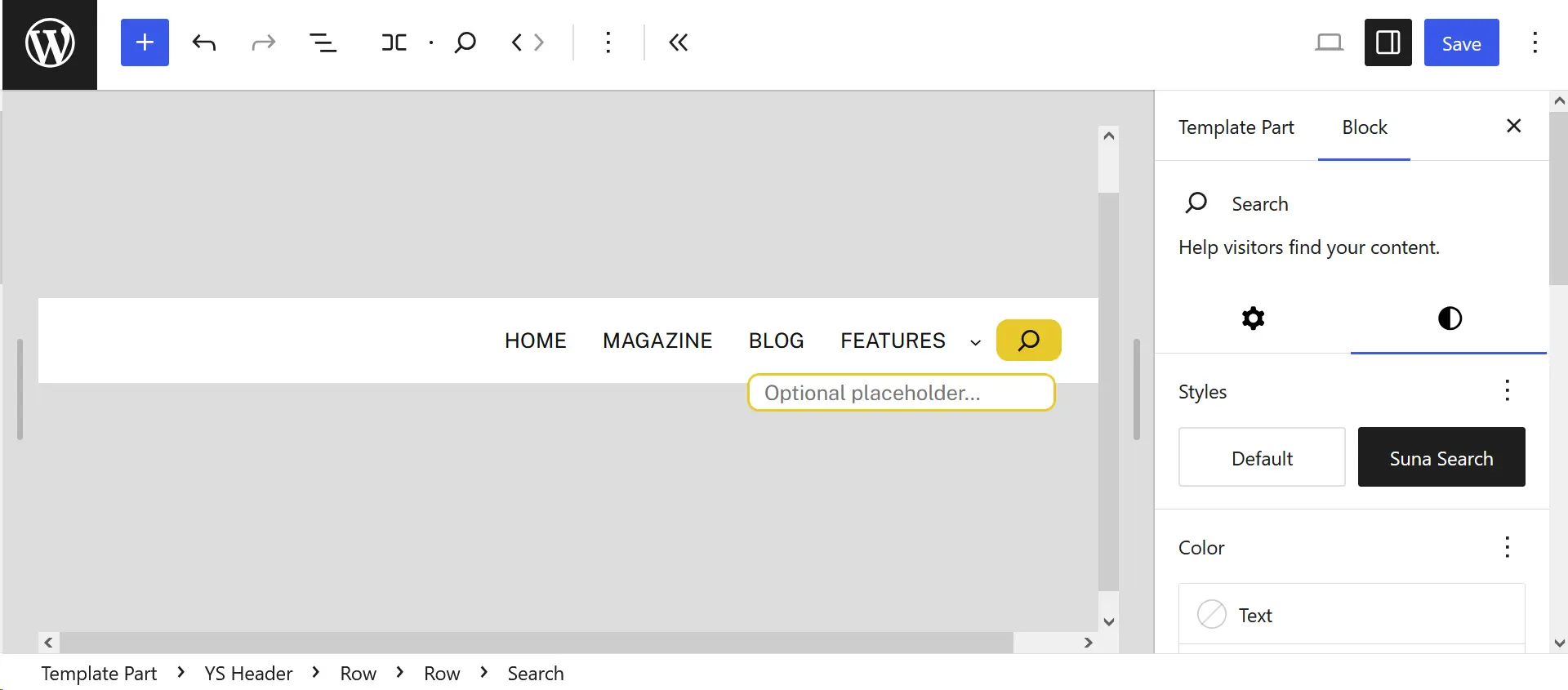WordPress Search block with the Suna style selected